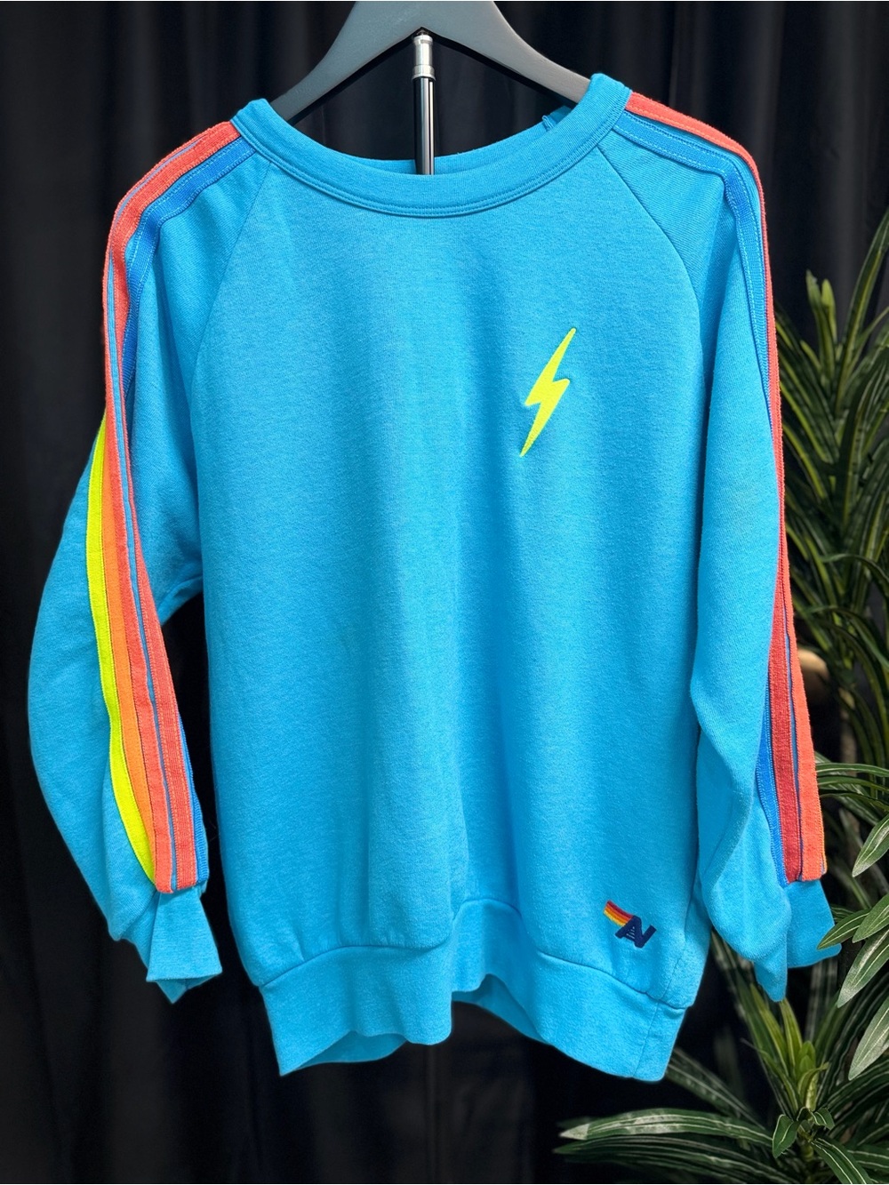 Aviator Nation Bolt Crewneck Sweatshirt in Turquoise with Neon Stripes - size S